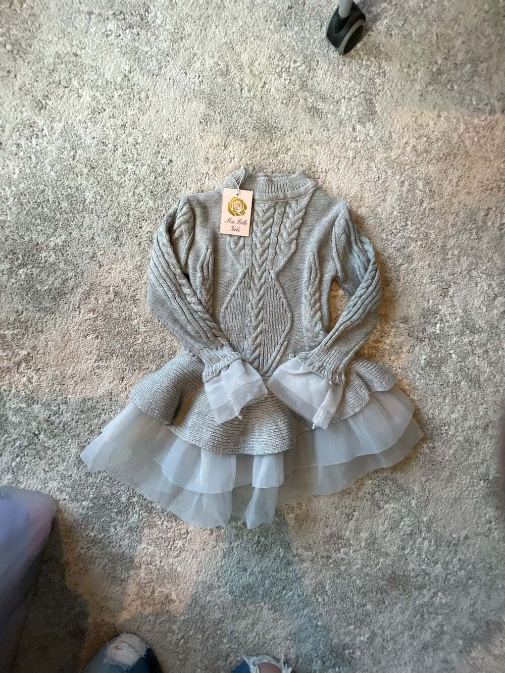 NWT Mia Belle Girls Gray Cable Knit Sweater Dress with Tulle Skirt